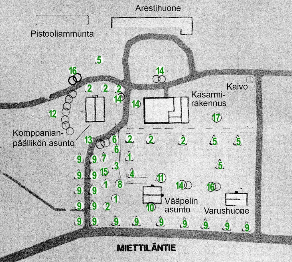 Kasarmin puiston kasvillisuuskartta.