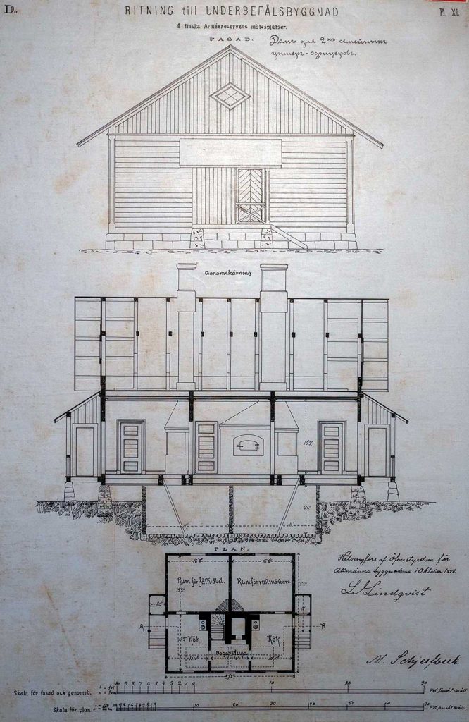 Mallipiirustus aliupseerirakennukseksi. Kansallisarkisto, Helsinki.