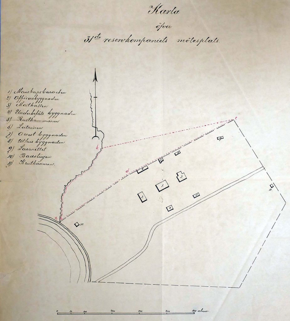 Miettilän kasarmin rakennukset, karttaa rajattu. Kansallisarkisto