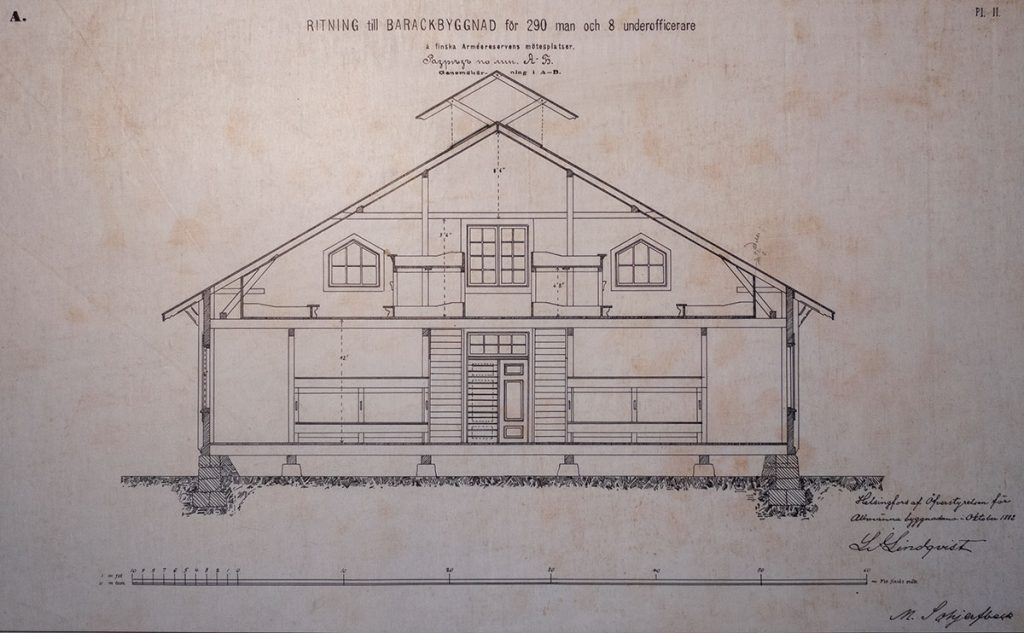 Miehistökasarmin poikkileikkauspiirustus. Kansallisarkisto, Helsinki.
