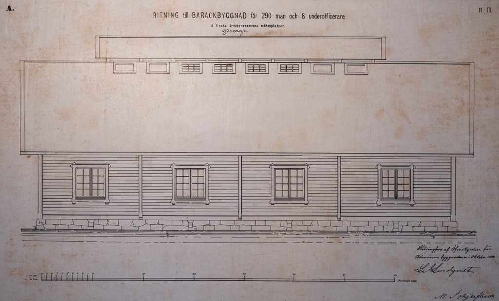 Miehistökasarmin julkisivupiirustus. Kansallisarkisto, Helsinki.